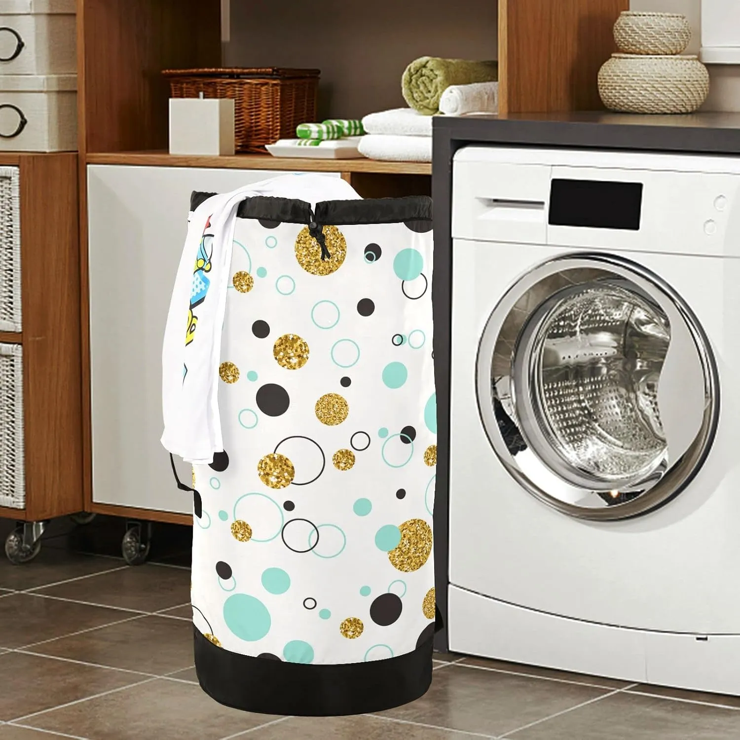 Seamless Golden Geometric Glitter Dots, Line Circle, Turquoise Circle Backpack Laundry Bag, Laundry Backpack with Shoulder Straps, Waterproof Nylon Clothes Hamper Bag for Men Women Yoga Backpack