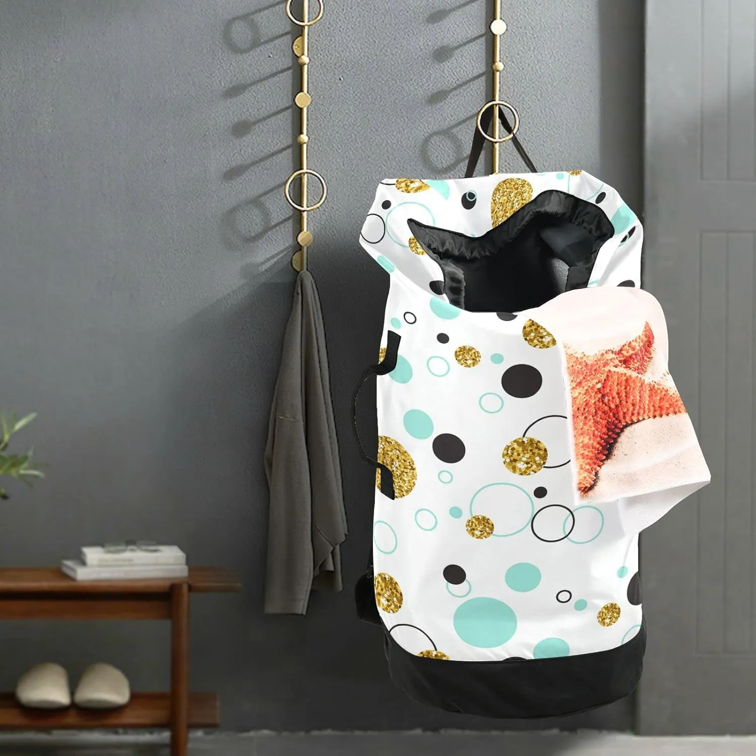 Seamless Golden Geometric Glitter Dots, Line Circle, Turquoise Circle Backpack Laundry Bag, Laundry Backpack with Shoulder Straps, Waterproof Nylon Clothes Hamper Bag for Men Women Yoga Backpack