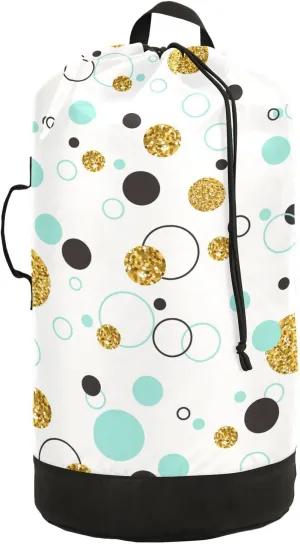 Seamless Golden Geometric Glitter Dots, Line Circle, Turquoise Circle Backpack Laundry Bag, Laundry Backpack with Shoulder Straps, Waterproof Nylon Clothes Hamper Bag for Men Women Yoga Backpack