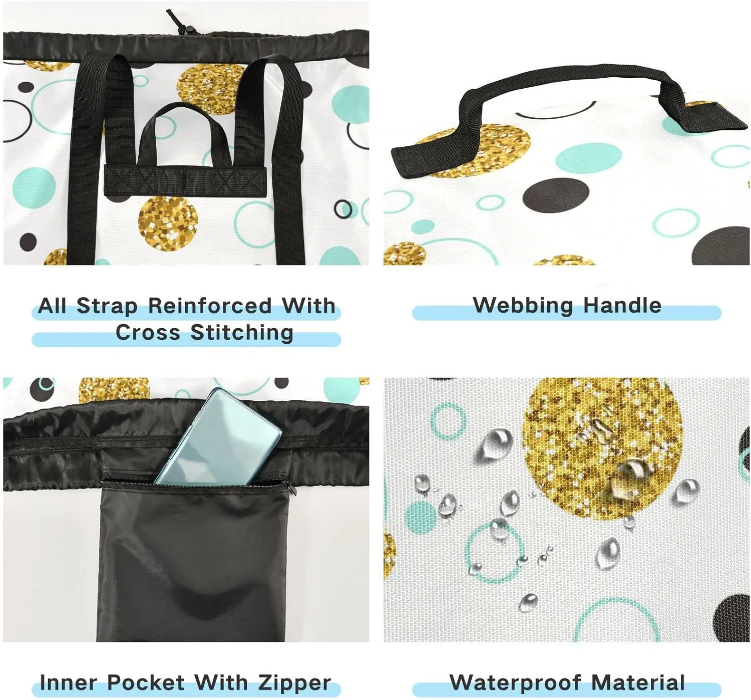 Seamless Golden Geometric Glitter Dots, Line Circle, Turquoise Circle Backpack Laundry Bag, Laundry Backpack with Shoulder Straps, Waterproof Nylon Clothes Hamper Bag for Men Women Yoga Backpack