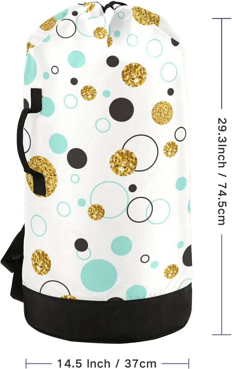 Seamless Golden Geometric Glitter Dots, Line Circle, Turquoise Circle Backpack Laundry Bag, Laundry Backpack with Shoulder Straps, Waterproof Nylon Clothes Hamper Bag for Men Women Yoga Backpack