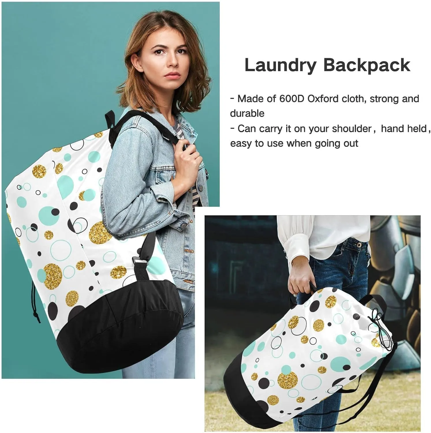 Seamless Golden Geometric Glitter Dots, Line Circle, Turquoise Circle Backpack Laundry Bag, Laundry Backpack with Shoulder Straps, Waterproof Nylon Clothes Hamper Bag for Men Women Yoga Backpack