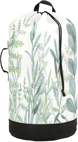 Seamless Turquoise Green Botanical Herbs on White Watercolor Floral Backpack Laundry Bag, Laundry Backpack with Shoulder Straps, Waterproof Nylon Clothes Hamper Bag for Men Women Yoga Backpack