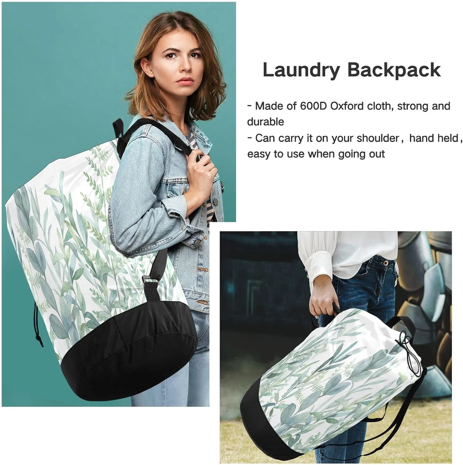 Seamless Turquoise Green Botanical Herbs on White Watercolor Floral Backpack Laundry Bag, Laundry Backpack with Shoulder Straps, Waterproof Nylon Clothes Hamper Bag for Men Women Yoga Backpack