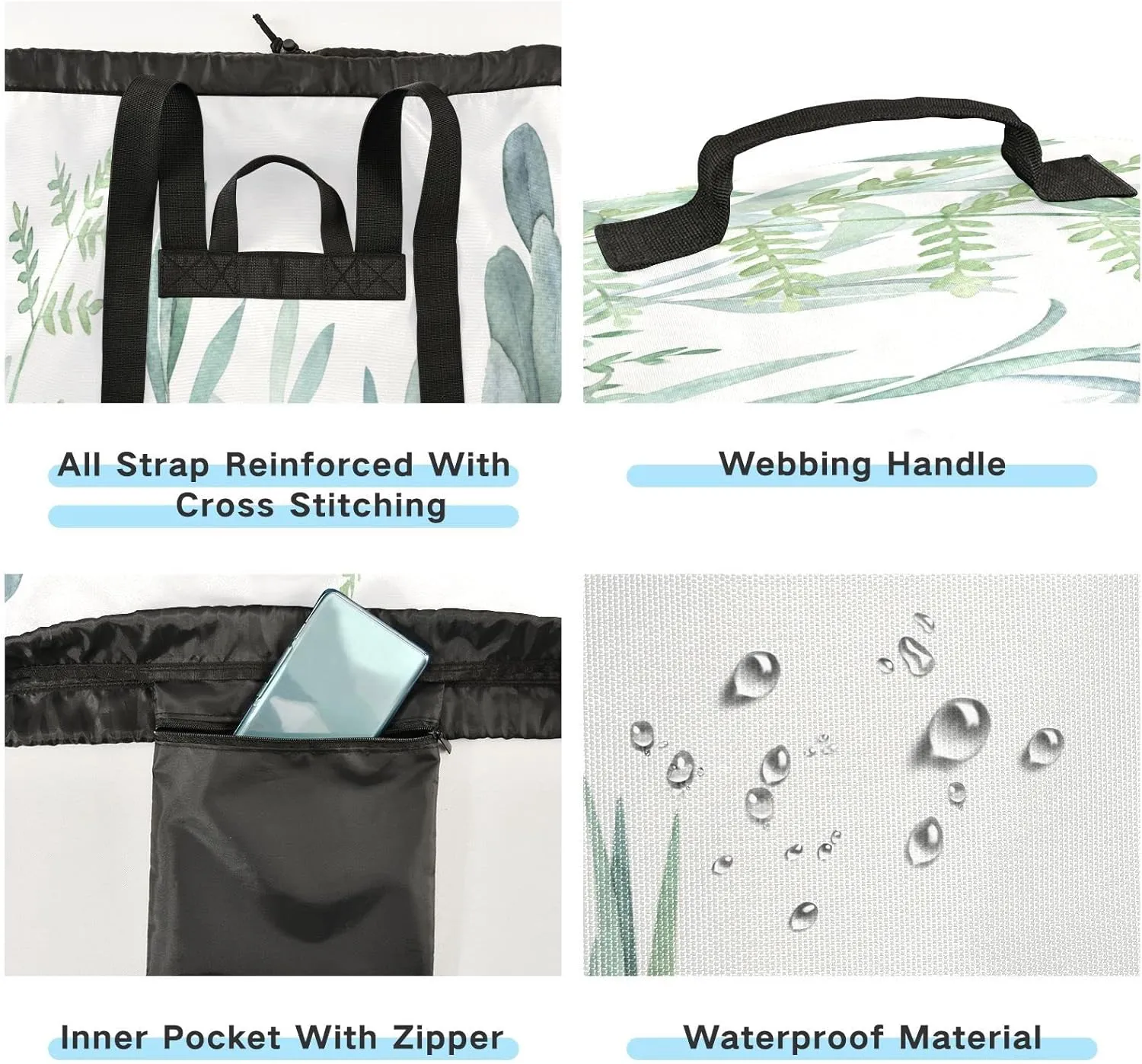 Seamless Turquoise Green Botanical Herbs on White Watercolor Floral Backpack Laundry Bag, Laundry Backpack with Shoulder Straps, Waterproof Nylon Clothes Hamper Bag for Men Women Yoga Backpack