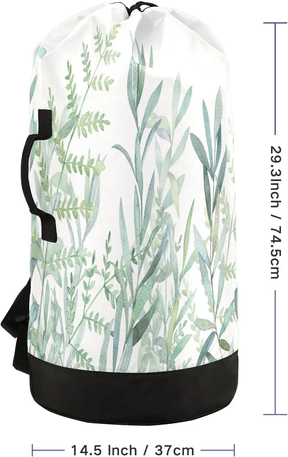 Seamless Turquoise Green Botanical Herbs on White Watercolor Floral Backpack Laundry Bag, Laundry Backpack with Shoulder Straps, Waterproof Nylon Clothes Hamper Bag for Men Women Yoga Backpack