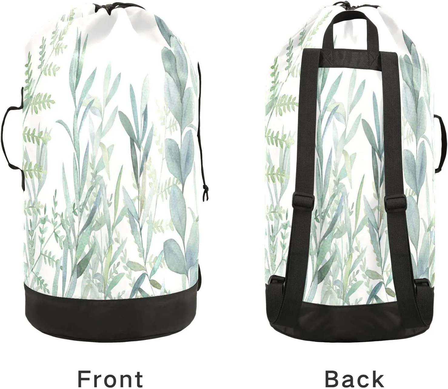 Seamless Turquoise Green Botanical Herbs on White Watercolor Floral Backpack Laundry Bag, Laundry Backpack with Shoulder Straps, Waterproof Nylon Clothes Hamper Bag for Men Women Yoga Backpack