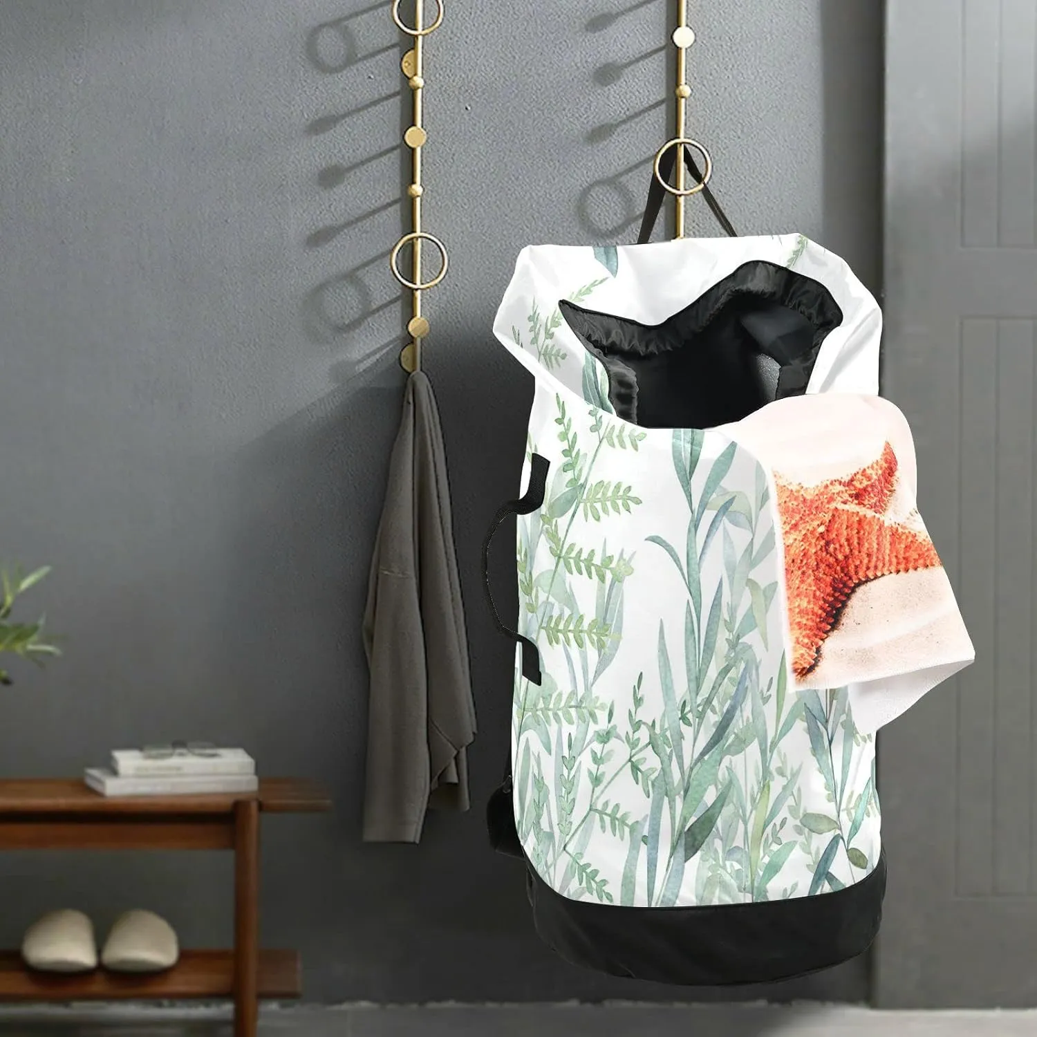 Seamless Turquoise Green Botanical Herbs on White Watercolor Floral Backpack Laundry Bag, Laundry Backpack with Shoulder Straps, Waterproof Nylon Clothes Hamper Bag for Men Women Yoga Backpack