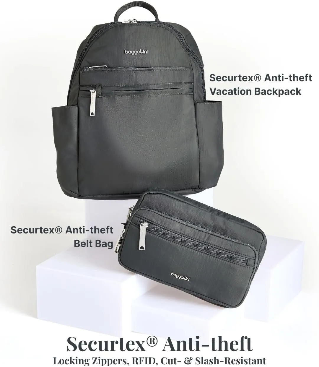Securtex® Anti-theft Vacation Travel Backpack 10x13" Slash-Resistant Nylon Daypack w/RFID, Charcoal