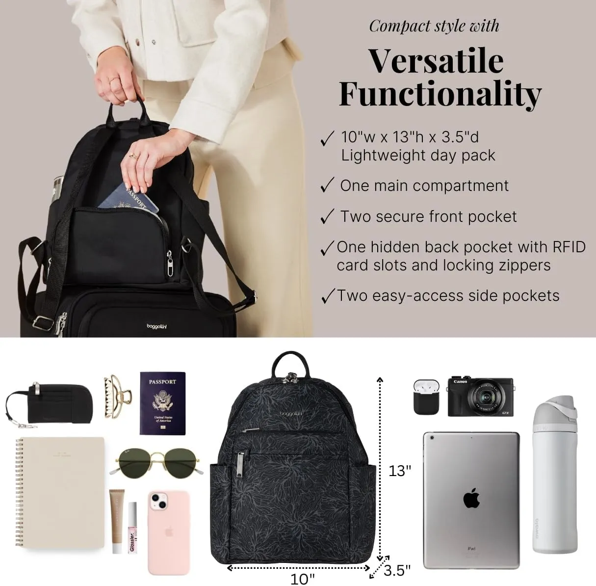 Securtex® Anti-theft Vacation Travel Backpack 10x13" Slash-Resistant Nylon Daypack w/RFID, Midnight Blossom