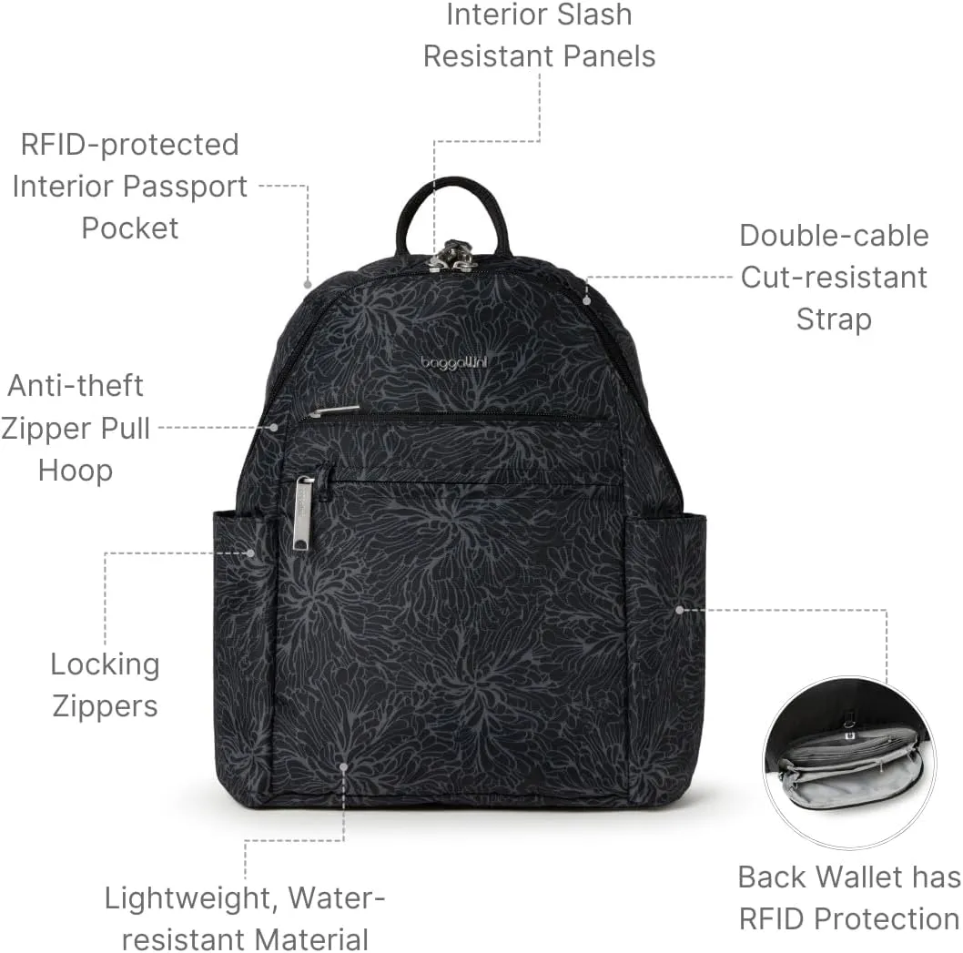 Securtex® Anti-theft Vacation Travel Backpack 10x13" Slash-Resistant Nylon Daypack w/RFID, Midnight Blossom