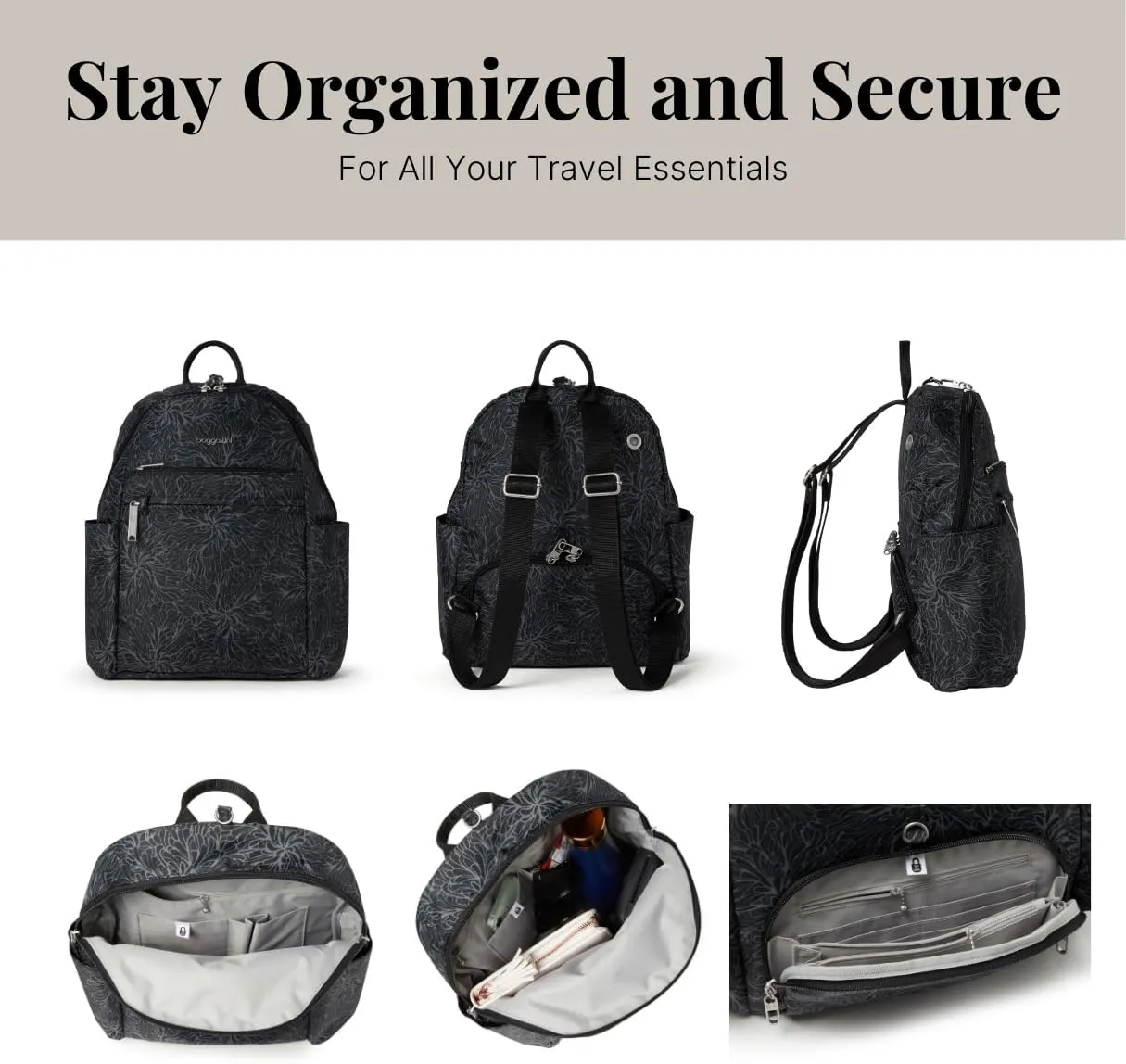 Securtex® Anti-theft Vacation Travel Backpack 10x13" Slash-Resistant Nylon Daypack w/RFID, Midnight Blossom