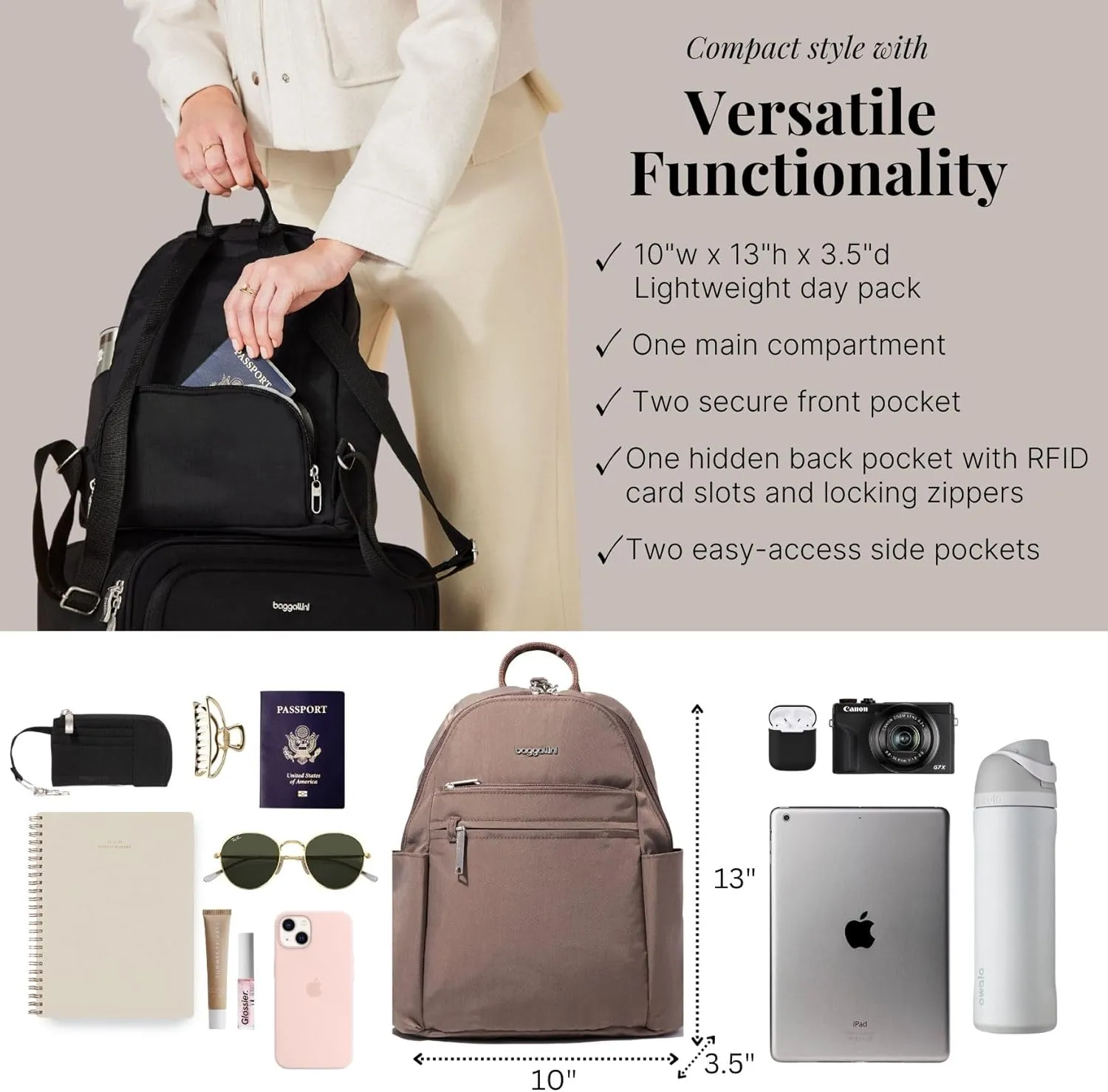 Securtex® Anti-theft Vacation Travel Backpack 10x13" Slash-Resistant Nylon Daypack w/RFID, Portobello