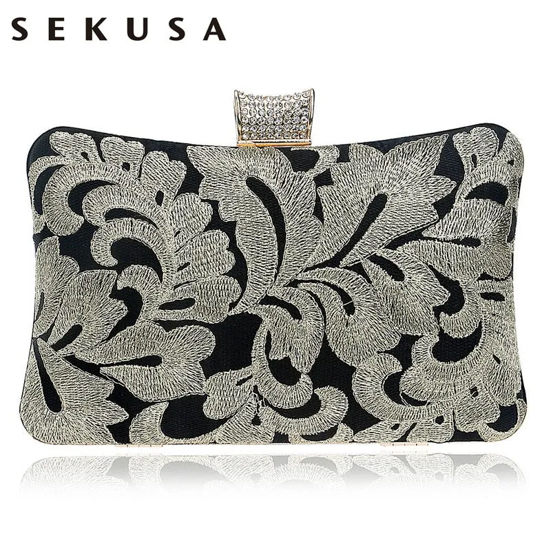 SEKUSA Vintage Embroidery Clutch Diamonds Women Evening Bags Chain Shoulder Purse Evening Bag For New Year Christmas Gift Clutch