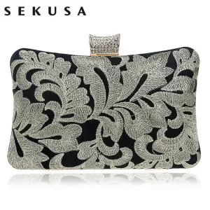SEKUSA Vintage Embroidery Clutch Diamonds Women Evening Bags Chain Shoulder Purse Evening Bag For New Year Christmas Gift Clutch