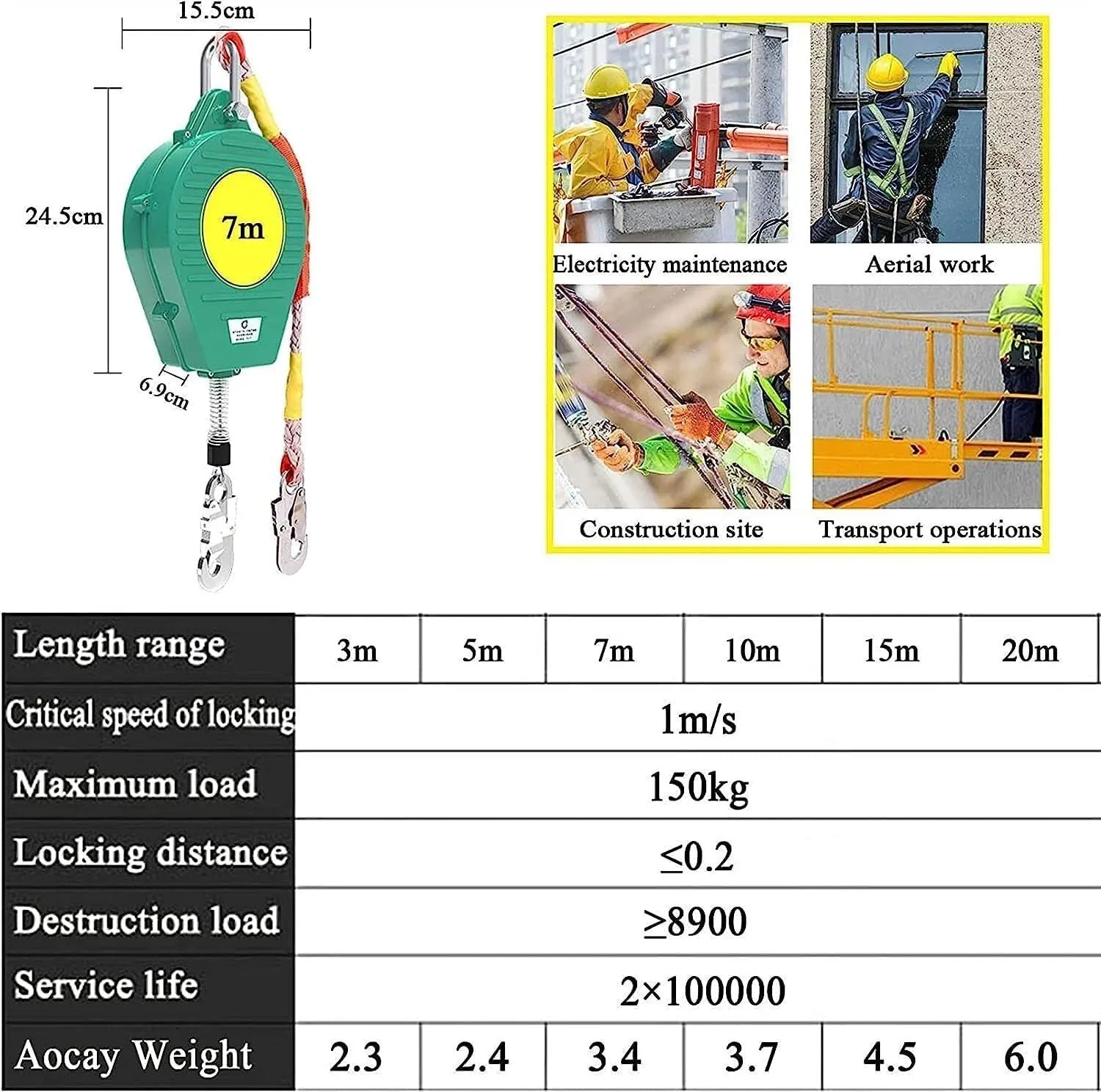 Self-Retracting Lifeline, Fall Protection Work Safety Equipment, 10m Steel Cable, Personal Fall Limiter with Self-Locking Hooks for Roof Construction, 2 Pack