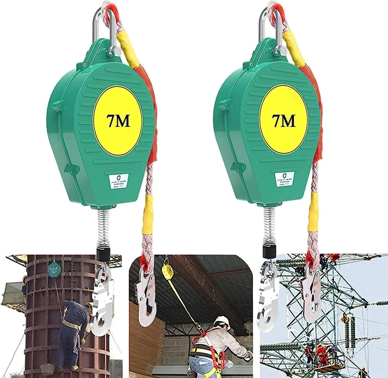 Self-Retracting Lifeline, Fall Protection Work Safety Equipment, 10m Steel Cable, Personal Fall Limiter with Self-Locking Hooks for Roof Construction, 2 Pack