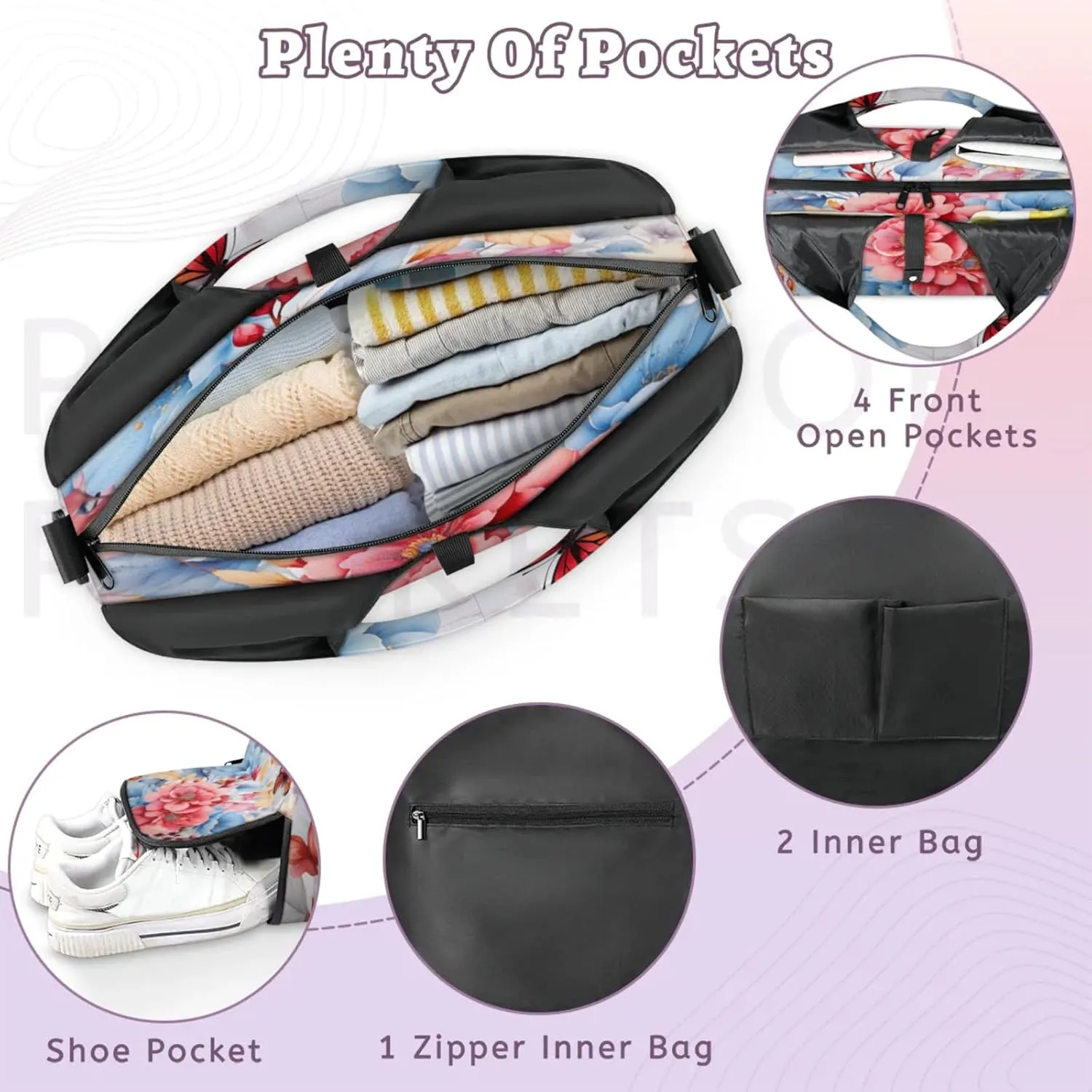 Serene Floral Haven Waterproof Gym Bag for Men Women, Sports Duffel Bag with Shoe Compartment Yoga Mat Holder, Portable Large Travel Bag for Fitness, Camping, Weekend Trips