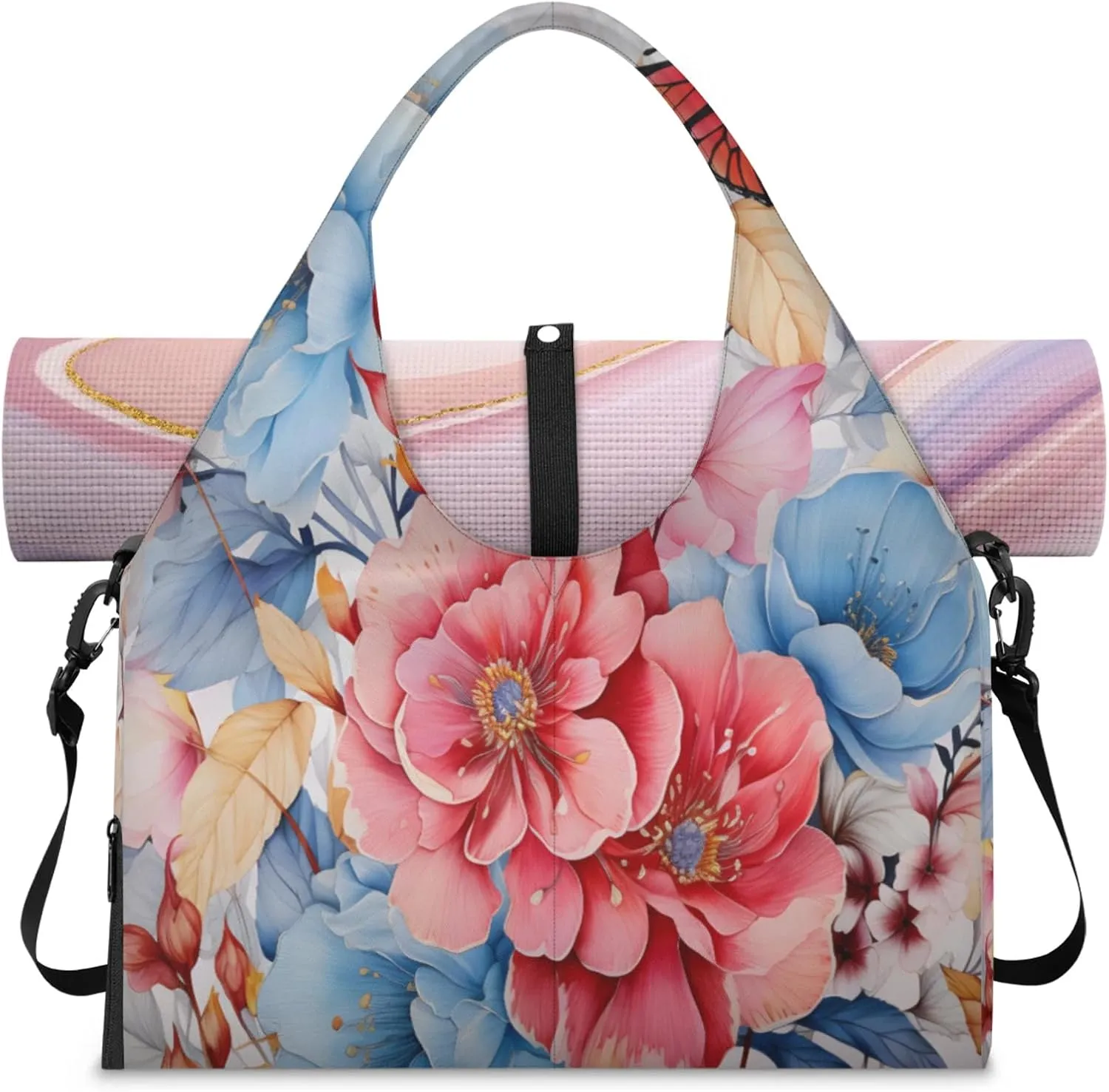 Serene Floral Haven Waterproof Gym Bag for Men Women, Sports Duffel Bag with Shoe Compartment Yoga Mat Holder, Portable Large Travel Bag for Fitness, Camping, Weekend Trips