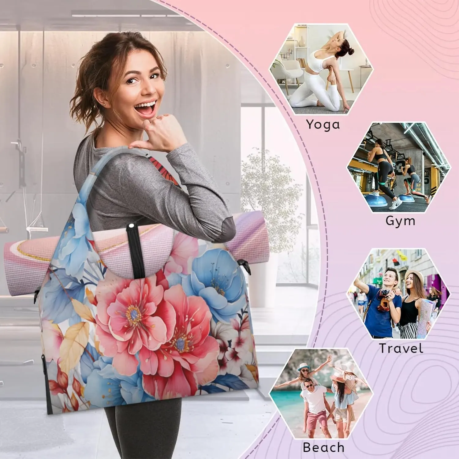 Serene Floral Haven Waterproof Gym Bag for Men Women, Sports Duffel Bag with Shoe Compartment Yoga Mat Holder, Portable Large Travel Bag for Fitness, Camping, Weekend Trips