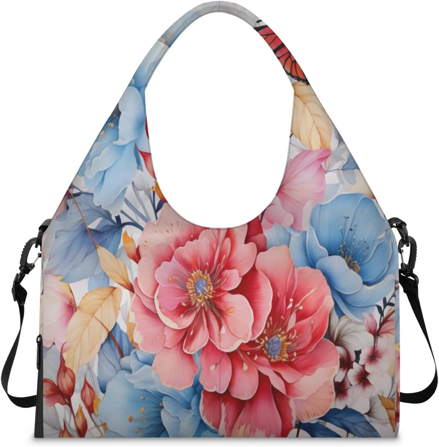Serene Floral Haven Waterproof Gym Bag for Men Women, Sports Duffel Bag with Shoe Compartment Yoga Mat Holder, Portable Large Travel Bag for Fitness, Camping, Weekend Trips