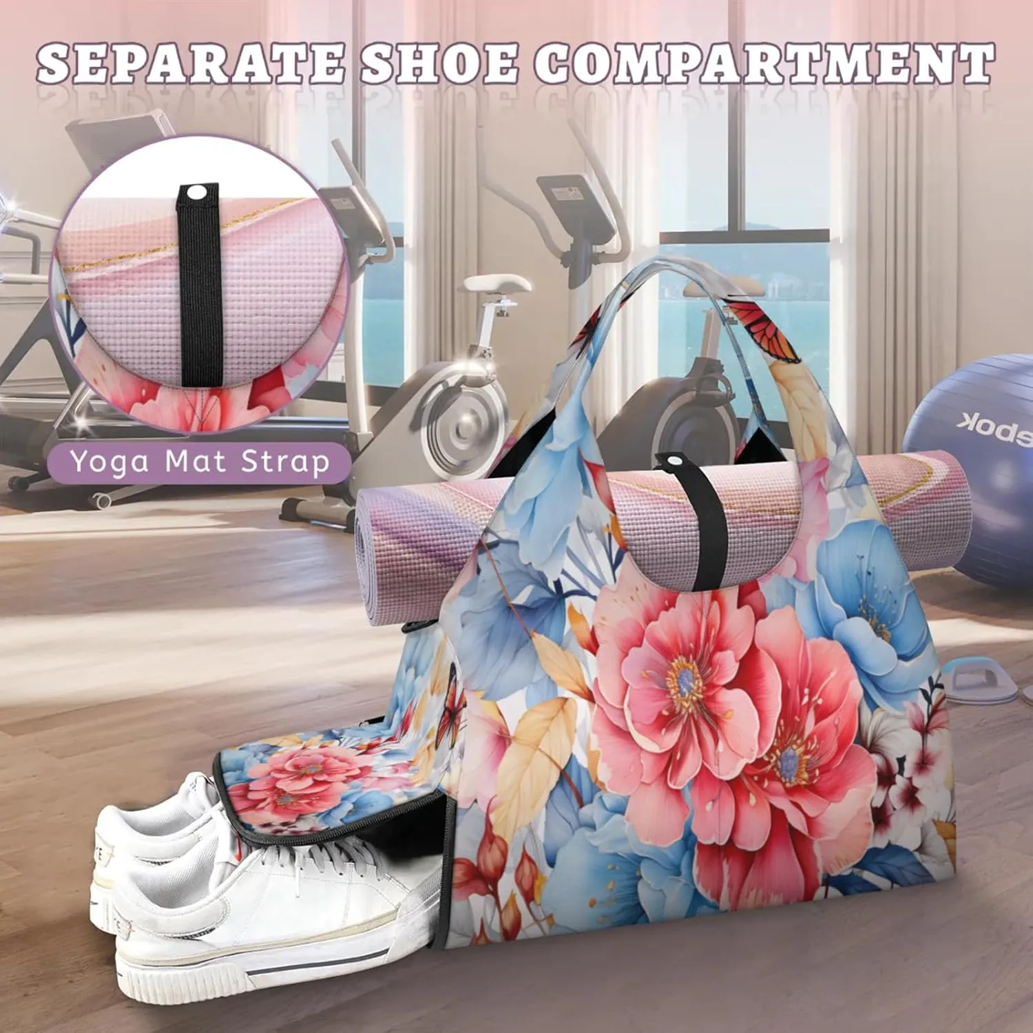 Serene Floral Haven Waterproof Gym Bag for Men Women, Sports Duffel Bag with Shoe Compartment Yoga Mat Holder, Portable Large Travel Bag for Fitness, Camping, Weekend Trips