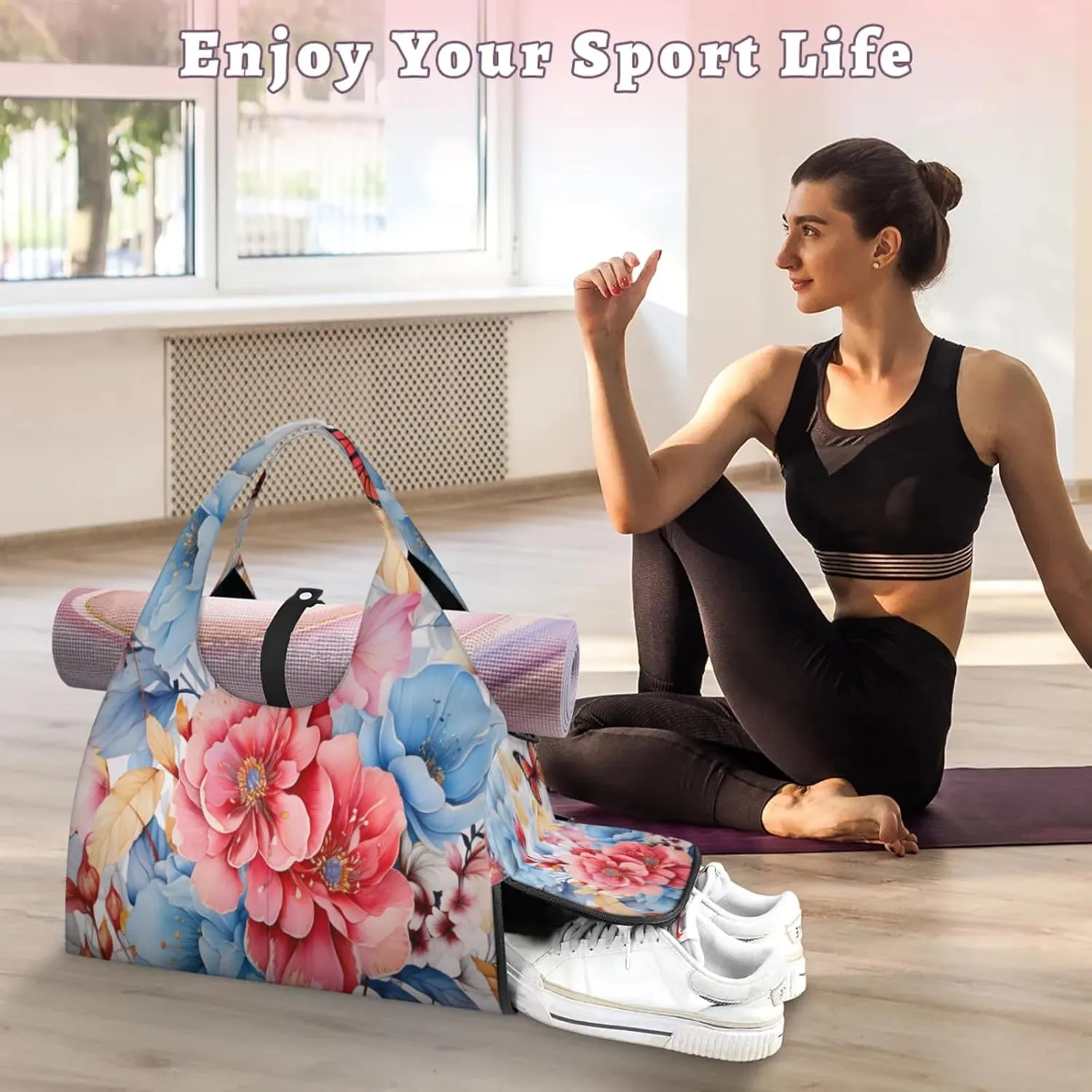 Serene Floral Haven Waterproof Gym Bag for Men Women, Sports Duffel Bag with Shoe Compartment Yoga Mat Holder, Portable Large Travel Bag for Fitness, Camping, Weekend Trips