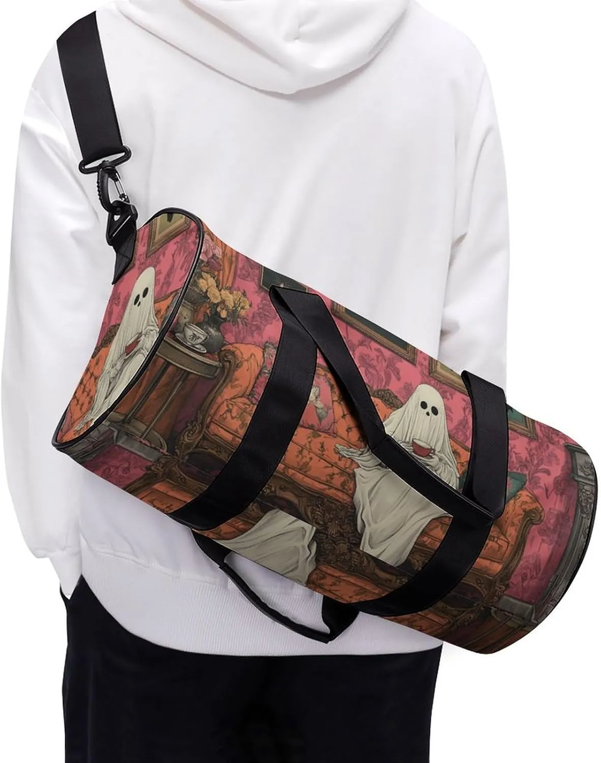 Sheet Ghost Sitting on Ornate Old Fashioned Sofa Travel Gym Bag for Women Men Halloween Cylindrical Duffle Bag Sport Workout Bag with Shoulder Strap