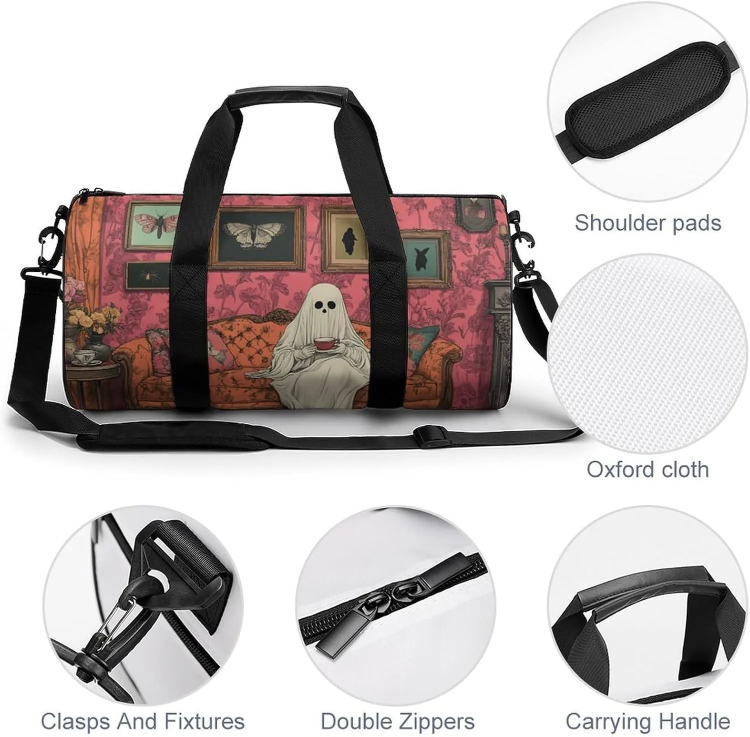 Sheet Ghost Sitting on Ornate Old Fashioned Sofa Travel Gym Bag for Women Men Halloween Cylindrical Duffle Bag Sport Workout Bag with Shoulder Strap