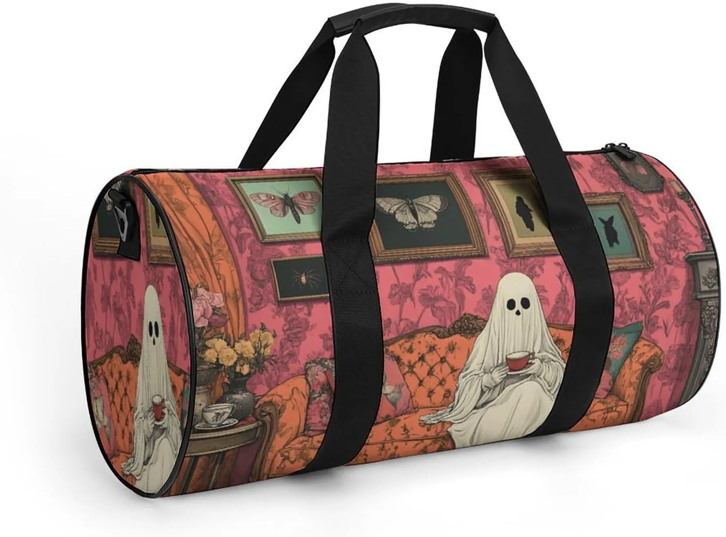 Sheet Ghost Sitting on Ornate Old Fashioned Sofa Travel Gym Bag for Women Men Halloween Cylindrical Duffle Bag Sport Workout Bag with Shoulder Strap