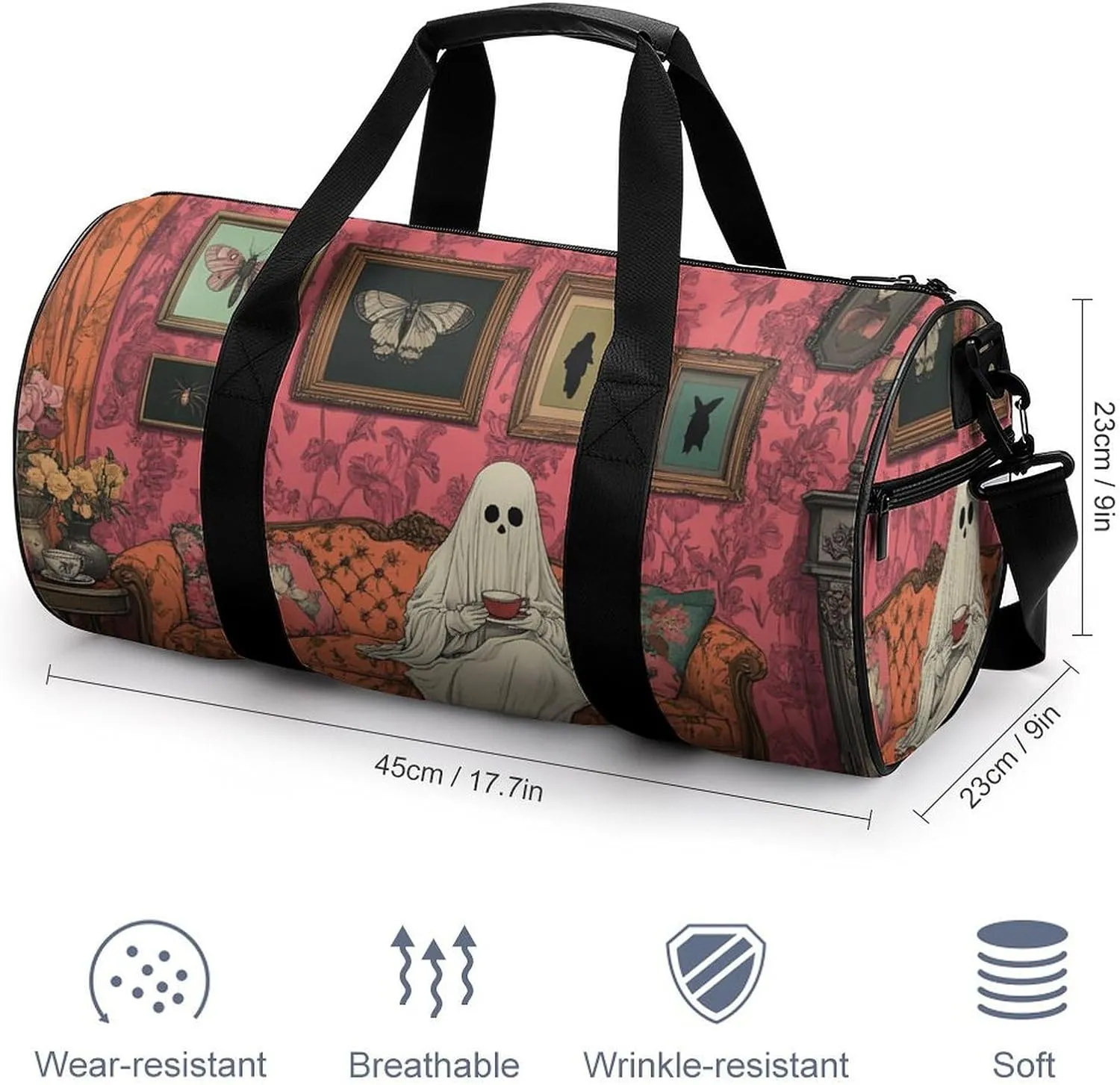 Sheet Ghost Sitting on Ornate Old Fashioned Sofa Travel Gym Bag for Women Men Halloween Cylindrical Duffle Bag Sport Workout Bag with Shoulder Strap