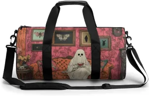 Sheet Ghost Sitting on Ornate Old Fashioned Sofa Travel Gym Bag for Women Men Halloween Cylindrical Duffle Bag Sport Workout Bag with Shoulder Strap