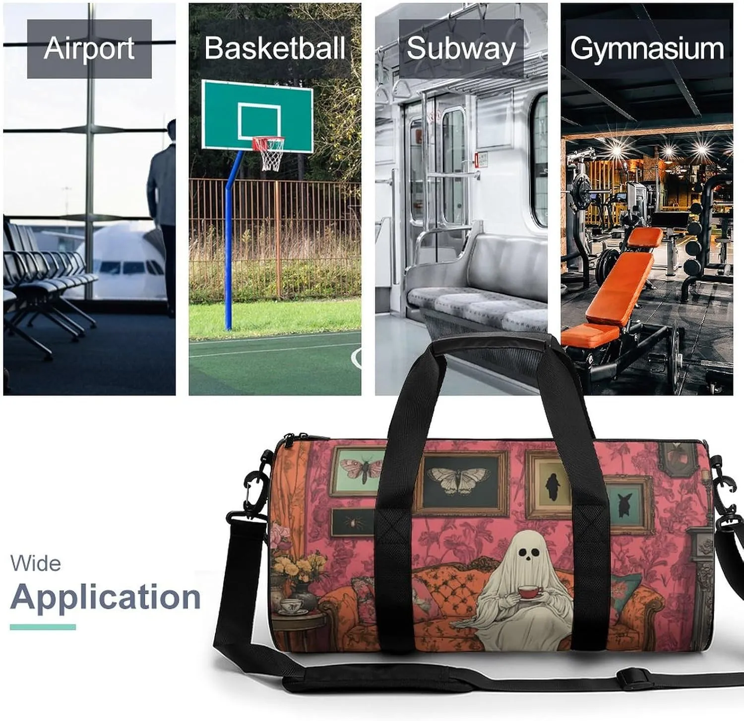 Sheet Ghost Sitting on Ornate Old Fashioned Sofa Travel Gym Bag for Women Men Halloween Cylindrical Duffle Bag Sport Workout Bag with Shoulder Strap