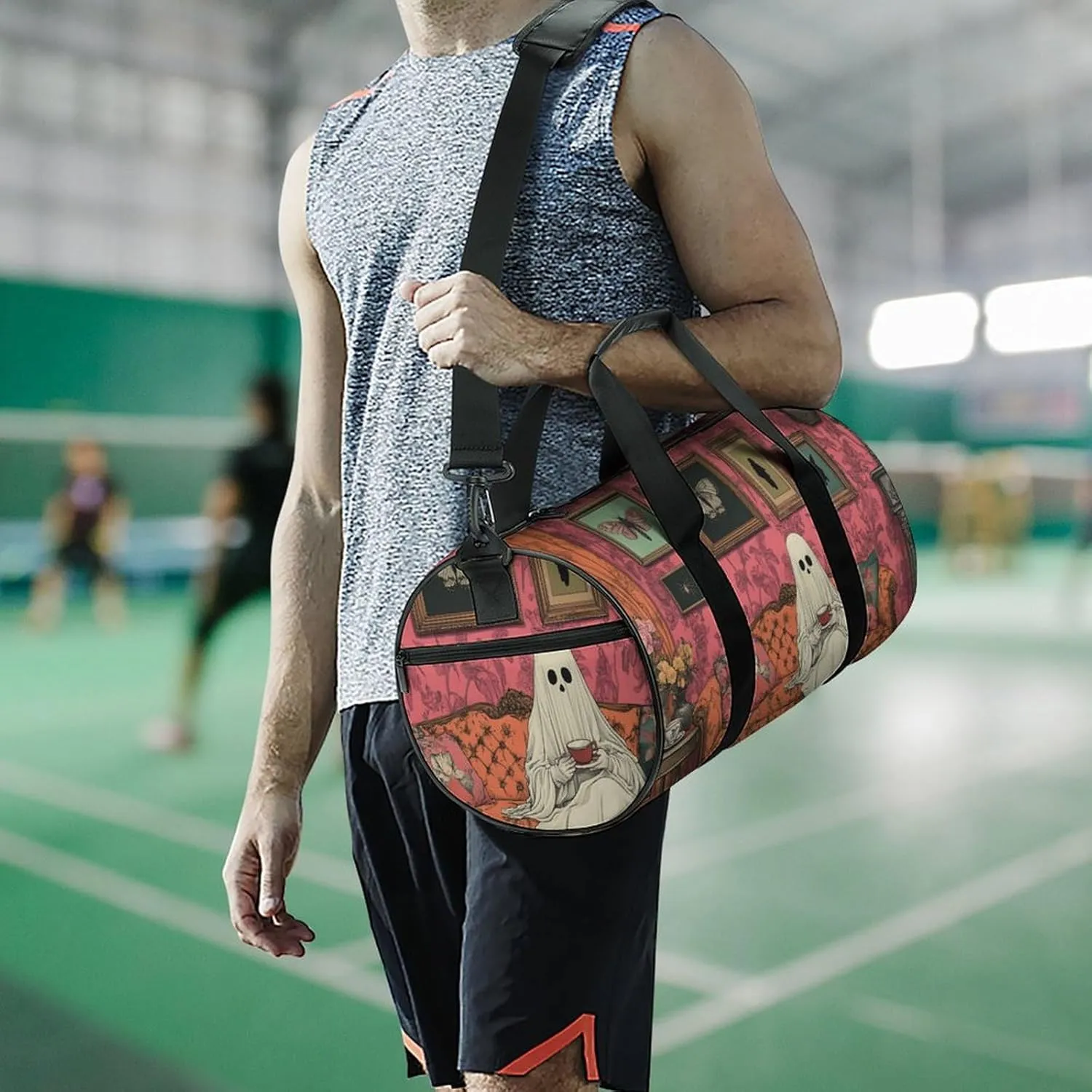 Sheet Ghost Sitting on Ornate Old Fashioned Sofa Travel Gym Bag for Women Men Halloween Cylindrical Duffle Bag Sport Workout Bag with Shoulder Strap