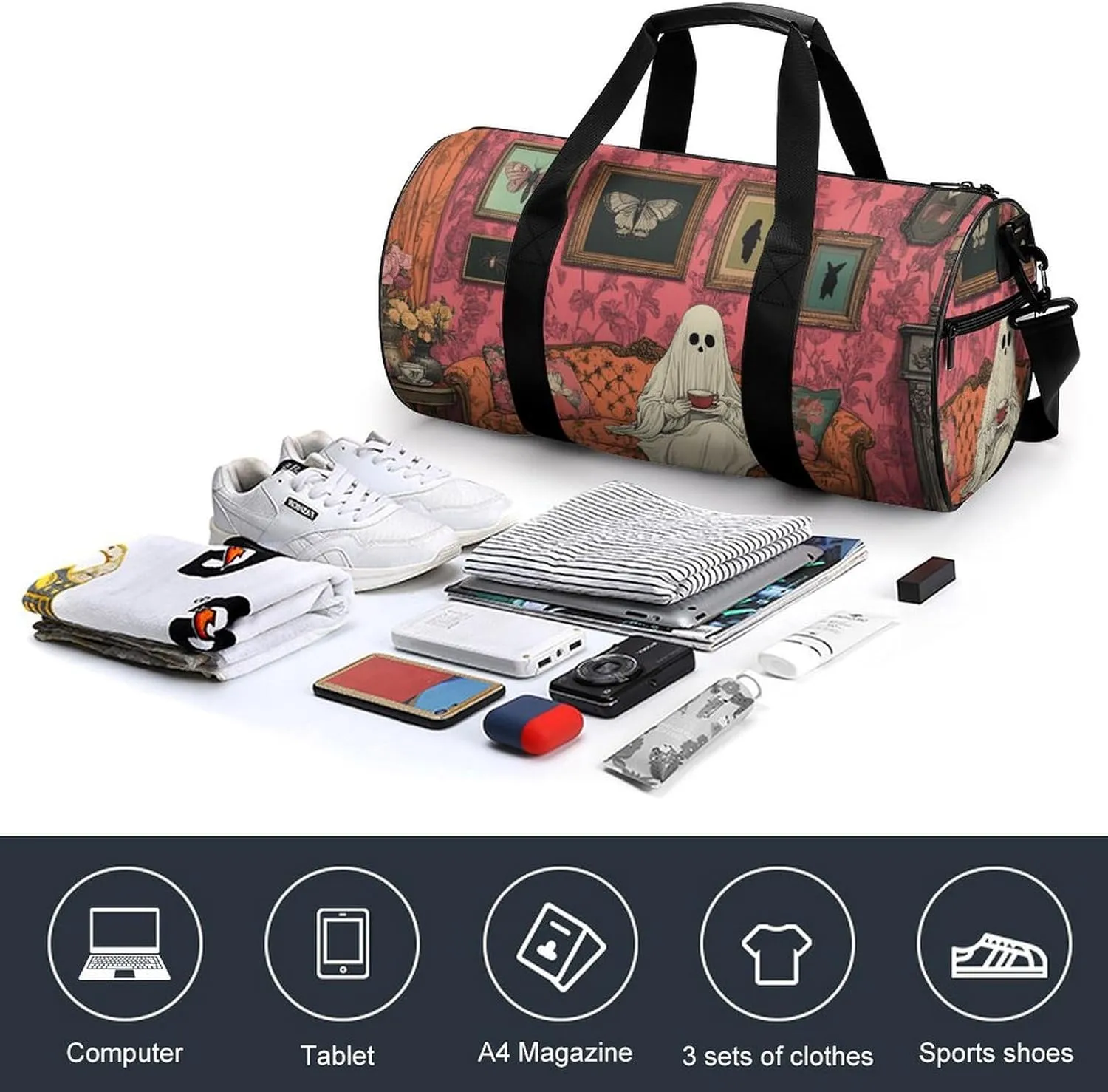 Sheet Ghost Sitting on Ornate Old Fashioned Sofa Travel Gym Bag for Women Men Halloween Cylindrical Duffle Bag Sport Workout Bag with Shoulder Strap