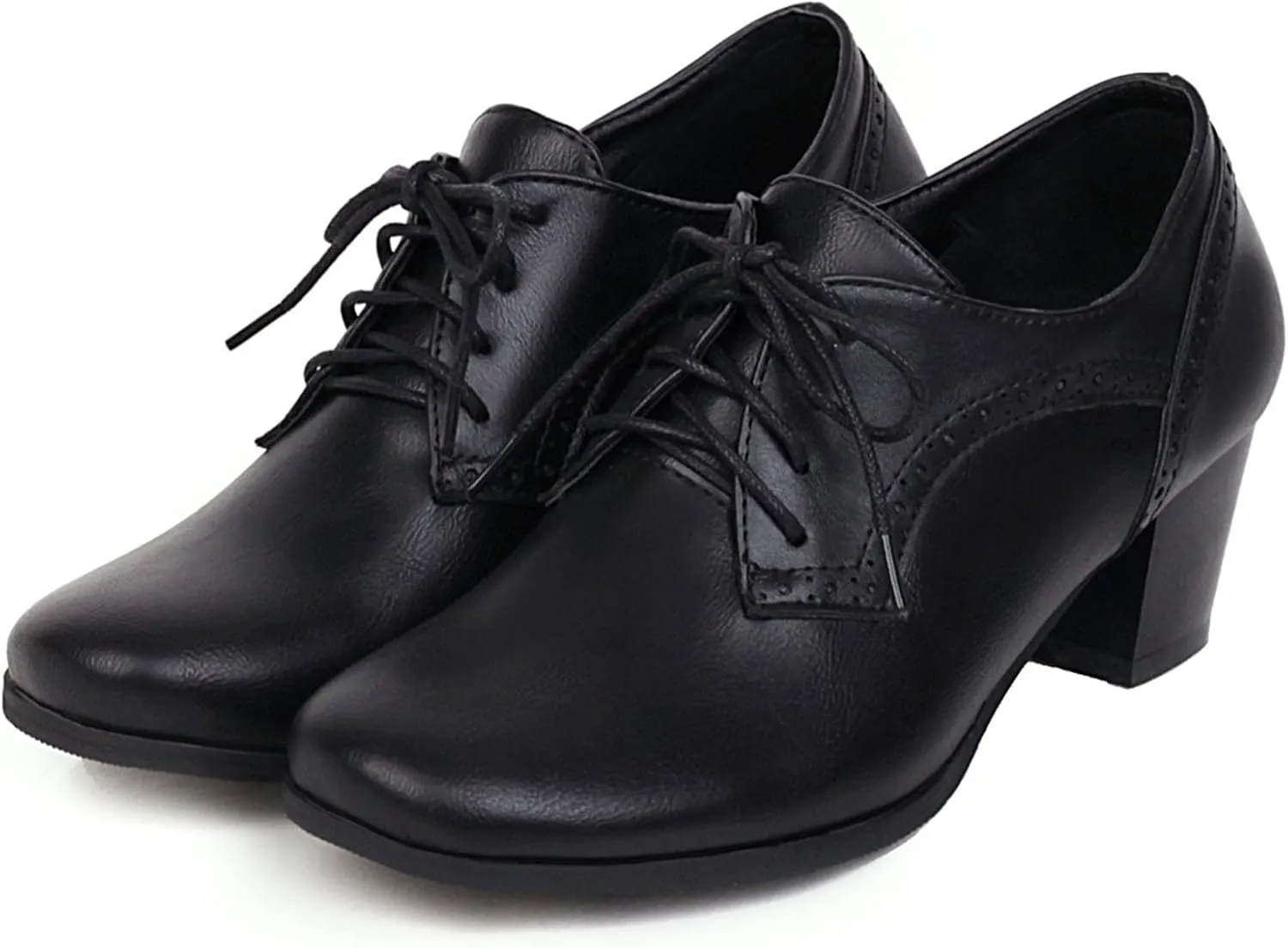 SHEMEE Women's Chunky Mid Heels Oxfords Vintage Round Square Toe Block Heeled Brogues Lace Up Work Offic Dress Shoes