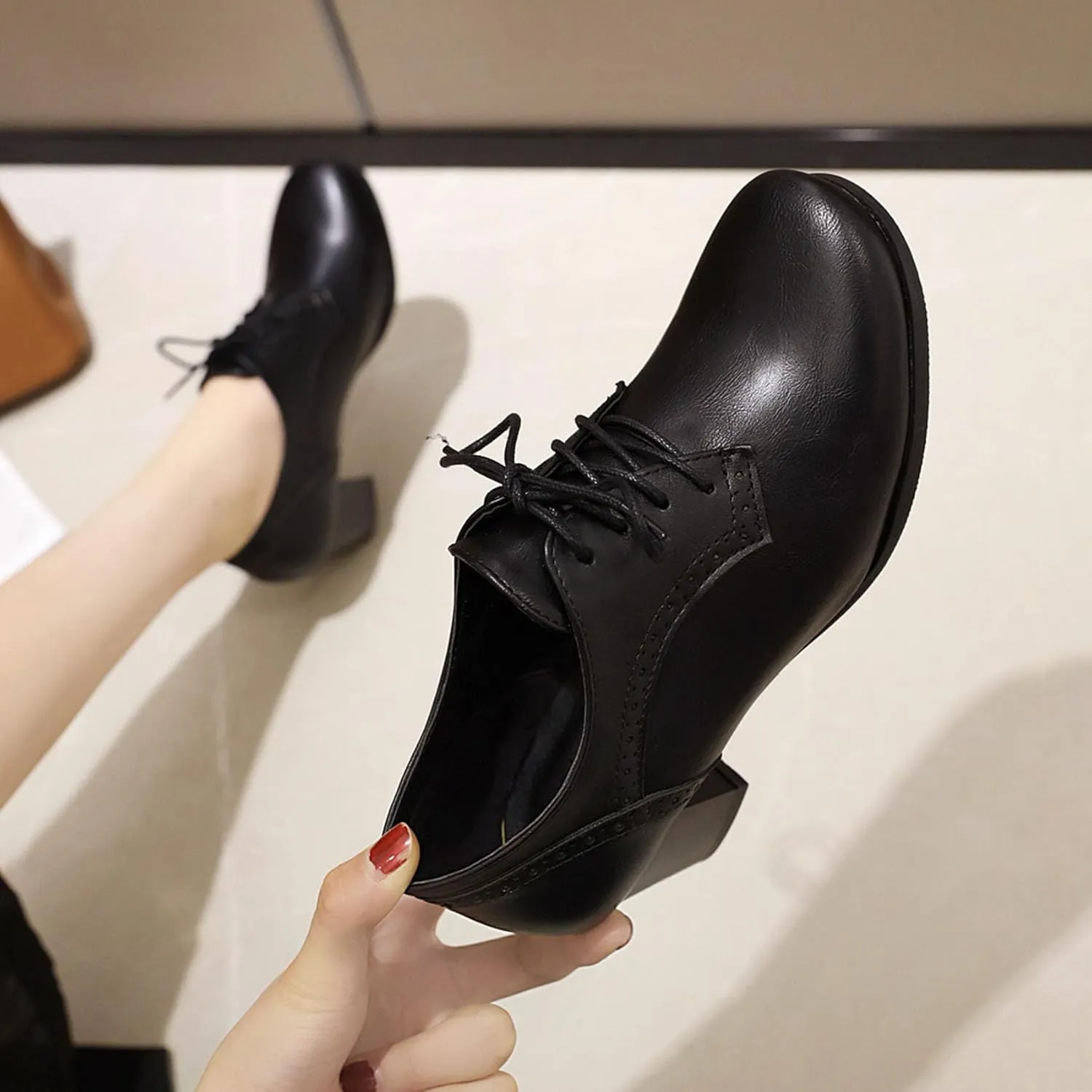 SHEMEE Women's Chunky Mid Heels Oxfords Vintage Round Square Toe Block Heeled Brogues Lace Up Work Offic Dress Shoes