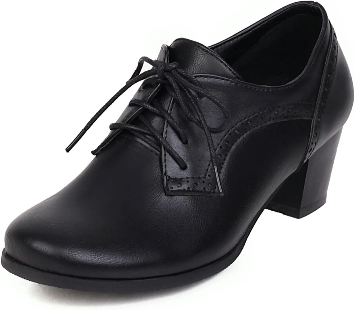SHEMEE Women's Chunky Mid Heels Oxfords Vintage Round Square Toe Block Heeled Brogues Lace Up Work Offic Dress Shoes