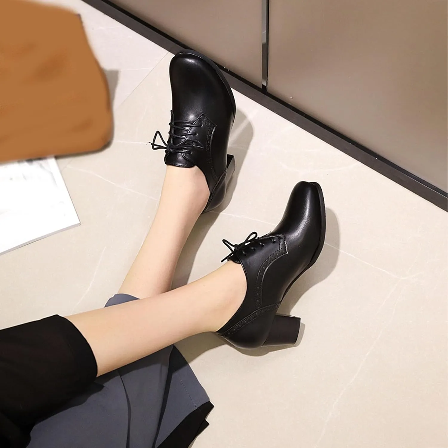 SHEMEE Women's Chunky Mid Heels Oxfords Vintage Round Square Toe Block Heeled Brogues Lace Up Work Offic Dress Shoes