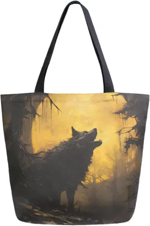 Shoulder Bag for Women Canvas Tote Bag Black Wolf Roar Handbags for Mom Sister Teacher Friend