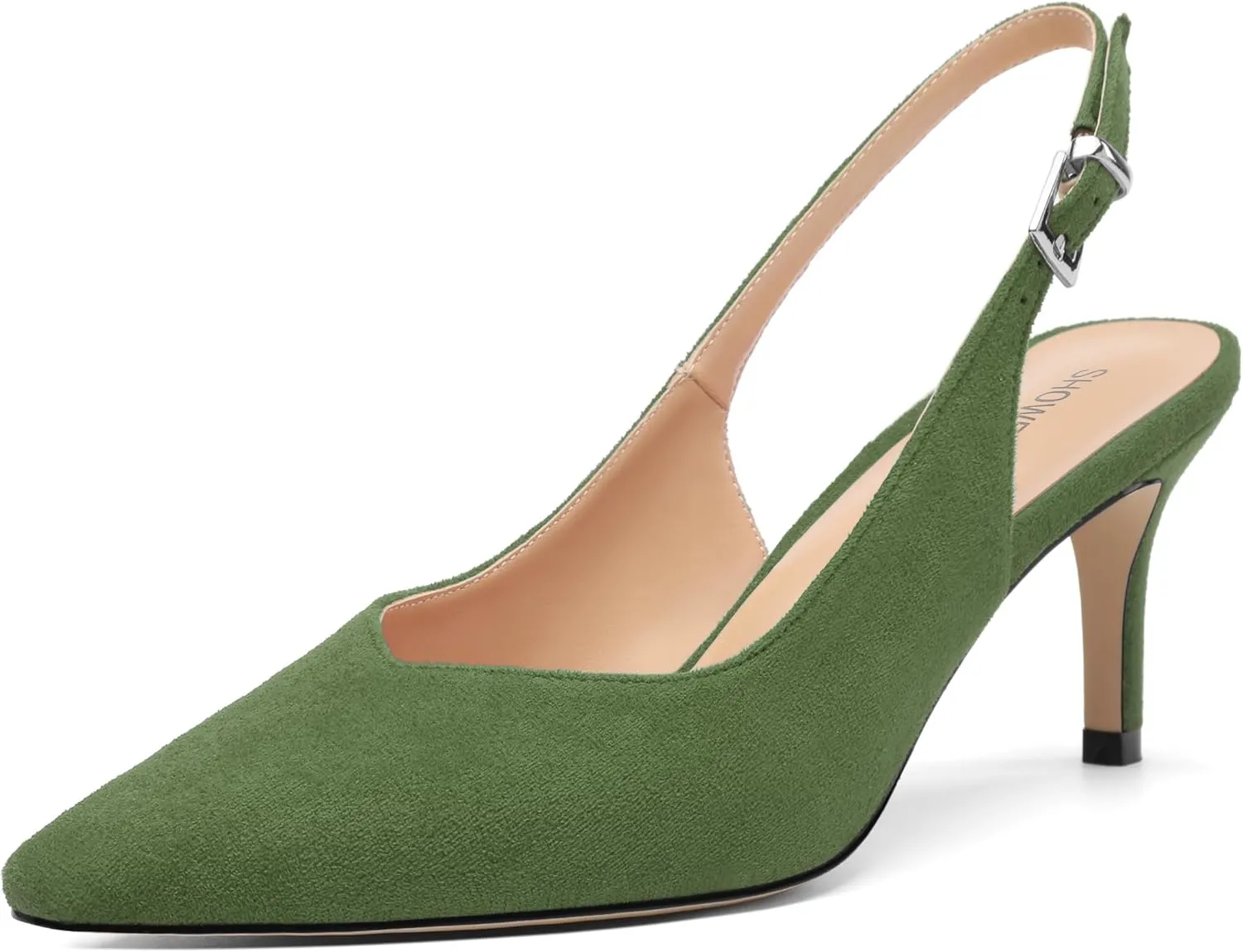 SHOWFOREST Slingback Heels for Women Stiletto Heel Closed Square Toe Suede 2.5 Inch Pumps with Buckle Comfortable Office Evening Party Dress Shoes