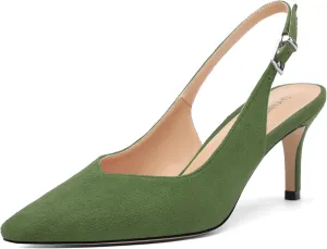 SHOWFOREST Slingback Heels for Women Stiletto Heel Closed Square Toe Suede 2.5 Inch Pumps with Buckle Comfortable Office Evening Party Dress Shoes