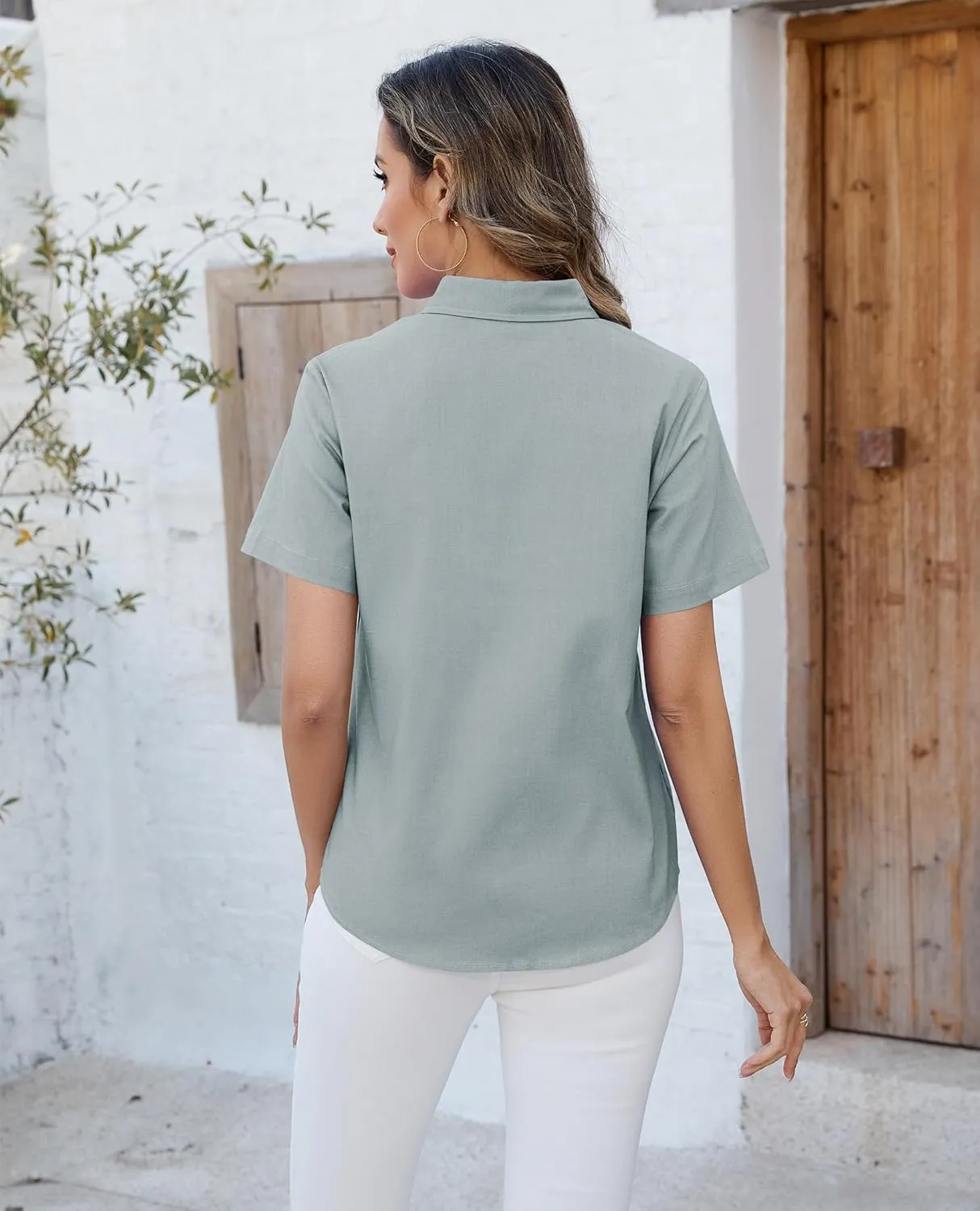 siliteelon Button Down Shirts Women Oxford Shirts Short Sleeve Cotton Wrinkle Free Dress Shirts Work Office Blouse