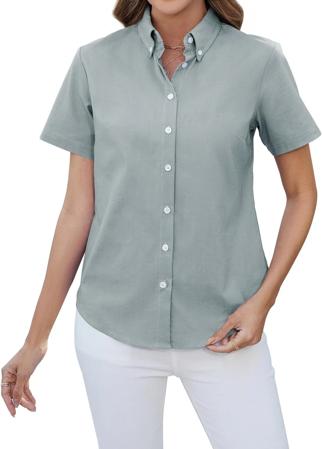 siliteelon Button Down Shirts Women Oxford Shirts Short Sleeve Cotton Wrinkle Free Dress Shirts Work Office Blouse