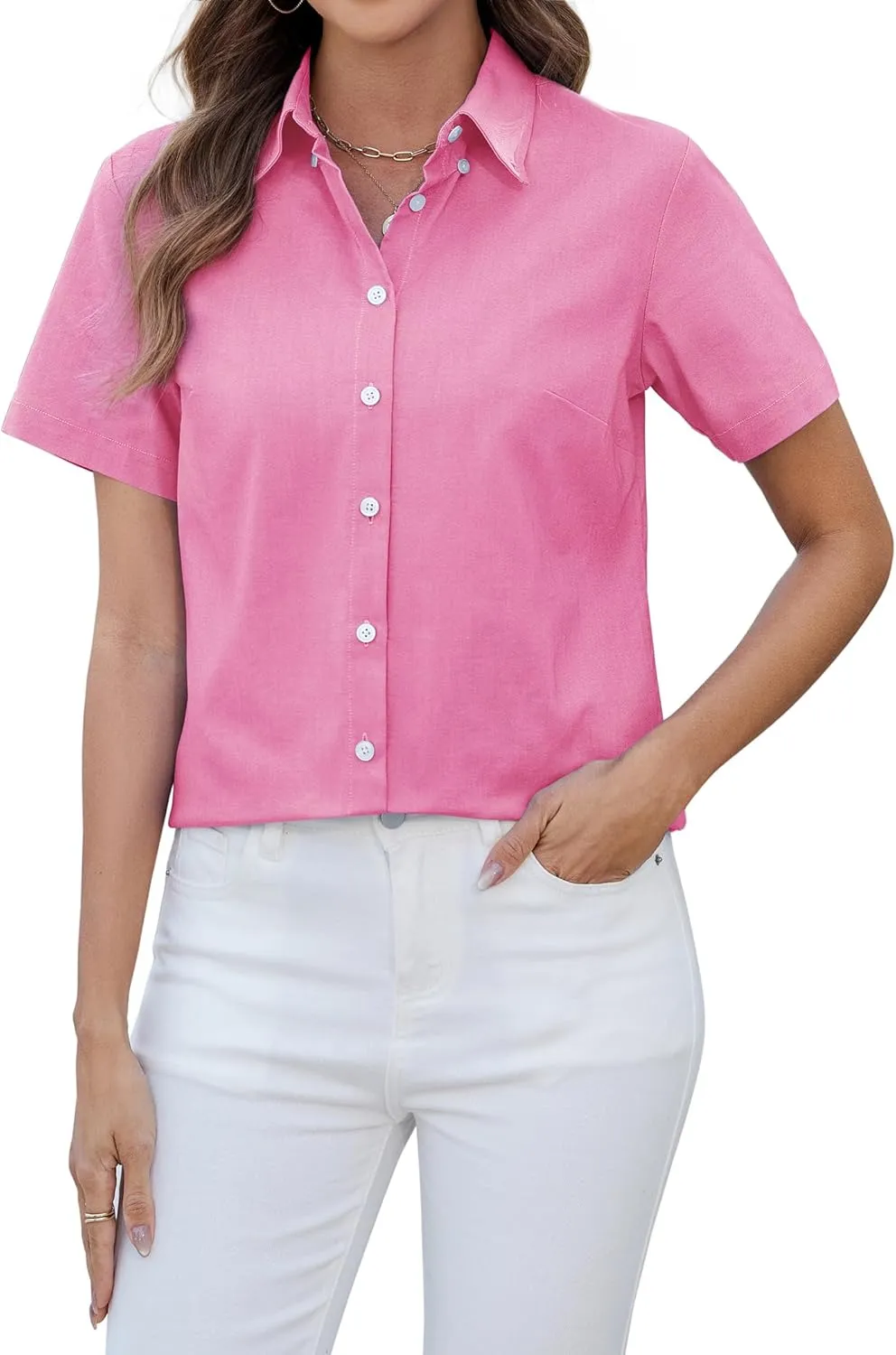 siliteelon Button Down Shirts Women Oxford Shirts Short Sleeve Cotton Wrinkle Free Dress Shirts Work Office Blouse