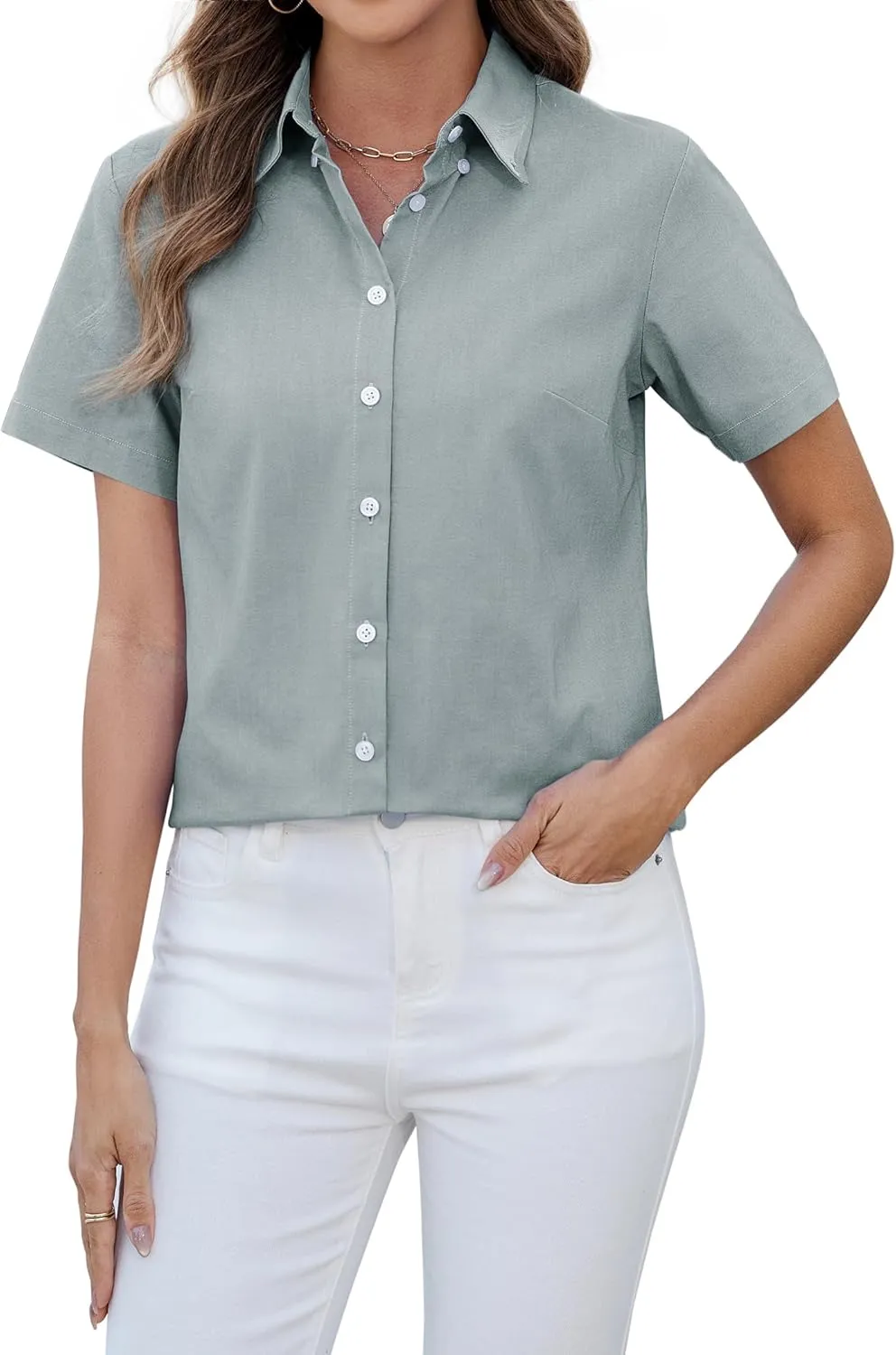 siliteelon Button Down Shirts Women Oxford Shirts Short Sleeve Cotton Wrinkle Free Dress Shirts Work Office Blouse