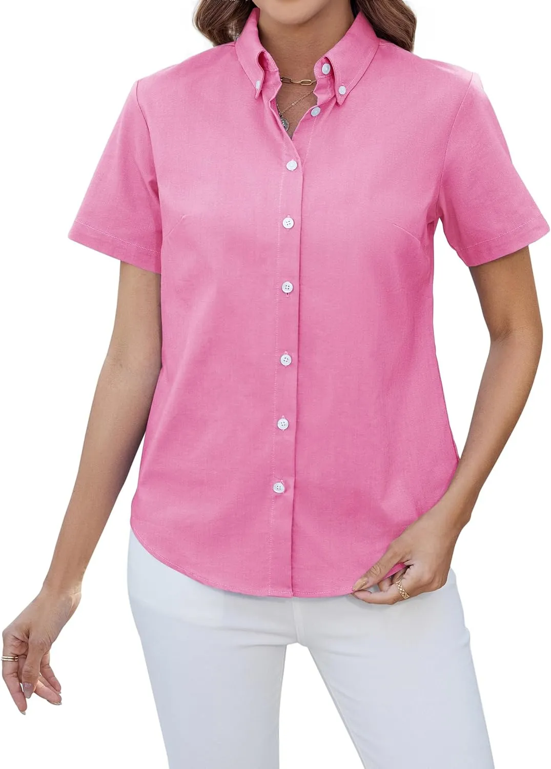 siliteelon Button Down Shirts Women Oxford Shirts Short Sleeve Cotton Wrinkle Free Dress Shirts Work Office Blouse