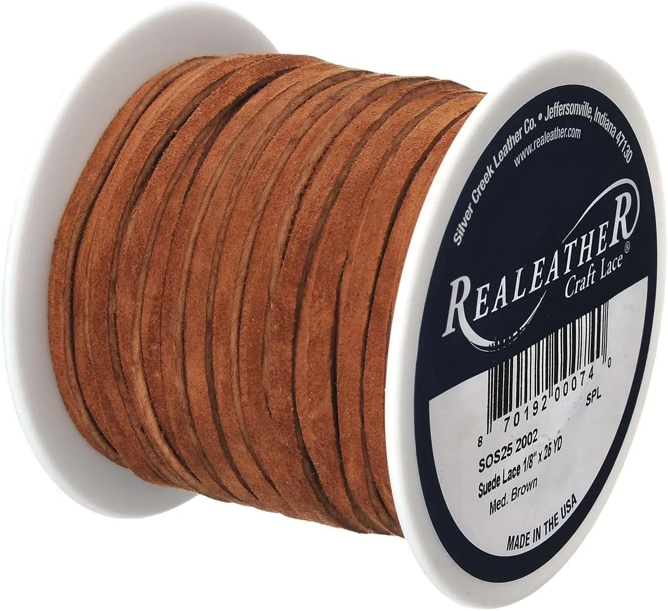 Silver Creek Leather Co Realeather SOS25-2002 Suede Leather Lace for Crafts and Jewelry Making, 0.125" x 25', Medium Brown, 1-Spool