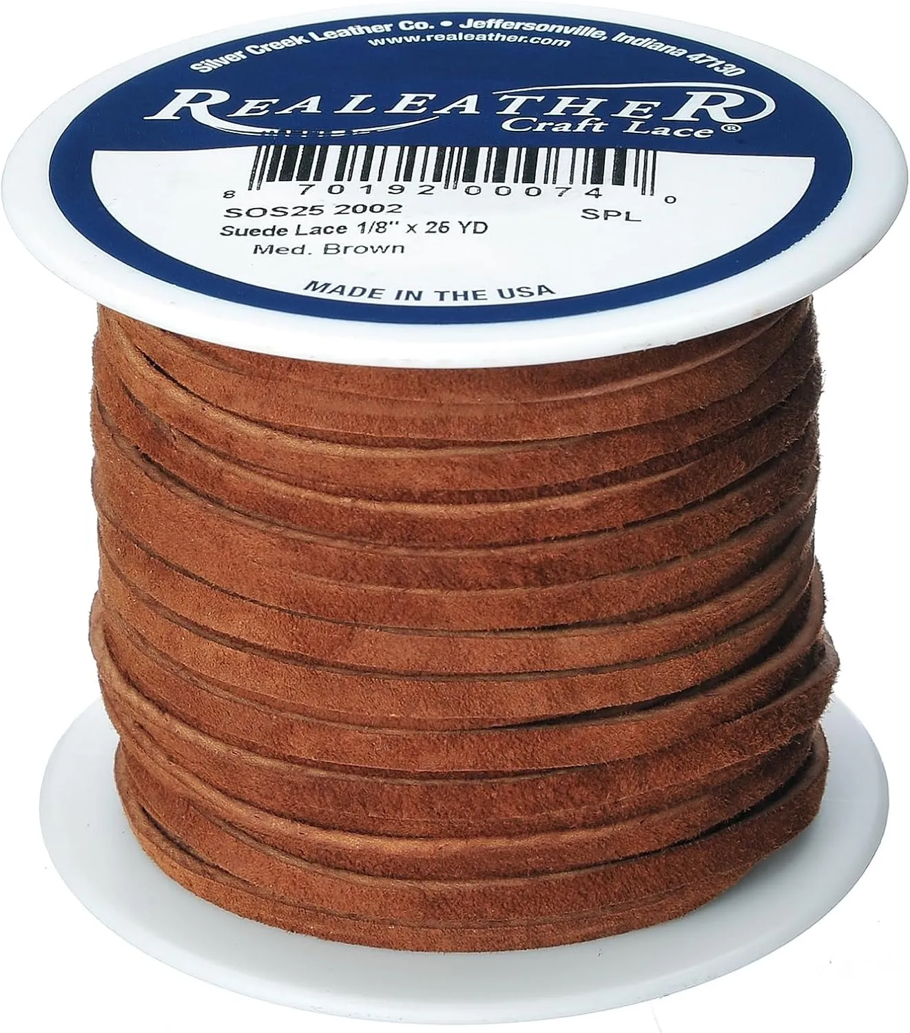 Silver Creek Leather Co Realeather SOS25-2002 Suede Leather Lace for Crafts and Jewelry Making, 0.125" x 25', Medium Brown, 1-Spool