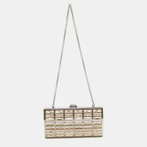Silver/Beige Satin and Metal Crystal Goddess Chain Clutch